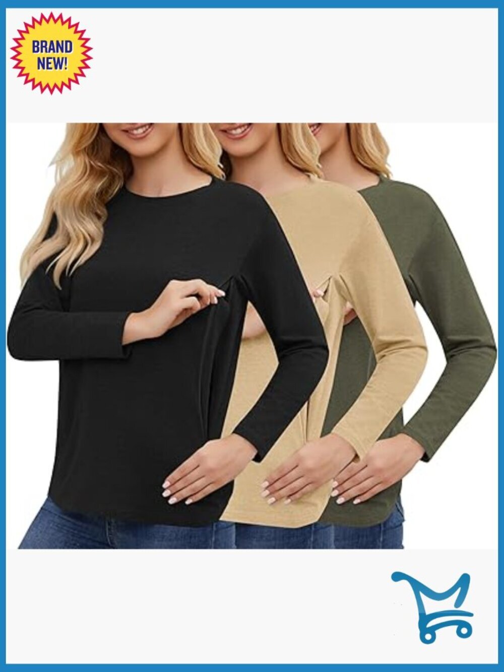 3 Pack Long Sleeve Nursing Tops for Breastfeeding Soft Cotton Maternity Shirts